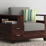 Sheesham Wooden 1 Seater Sofa for Living Room | Solid Wood Sofa with Side Box Storage & Cushion | Rosewood Sofa Set for Home & Office | Lounge (Walnut, 1 Seater)
