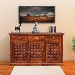 Solid Sheesham Wooden Sideboard Cabinet with Drawer for Living Room | Free Standing Movable Kitchan Storage for Home | Rosewood Cabinet for Bedroom (Honey)